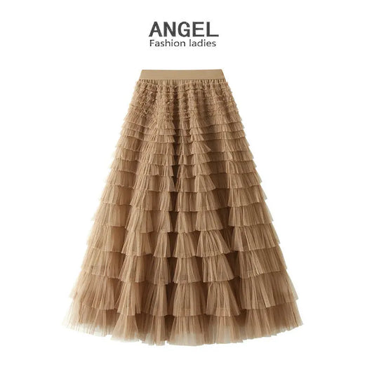 Elegant Layered Mesh Skirt For Women/High-Waisted Puff Skirt/Dropped A~Line/Appliqués Decorative Loose Fitted Skirt.