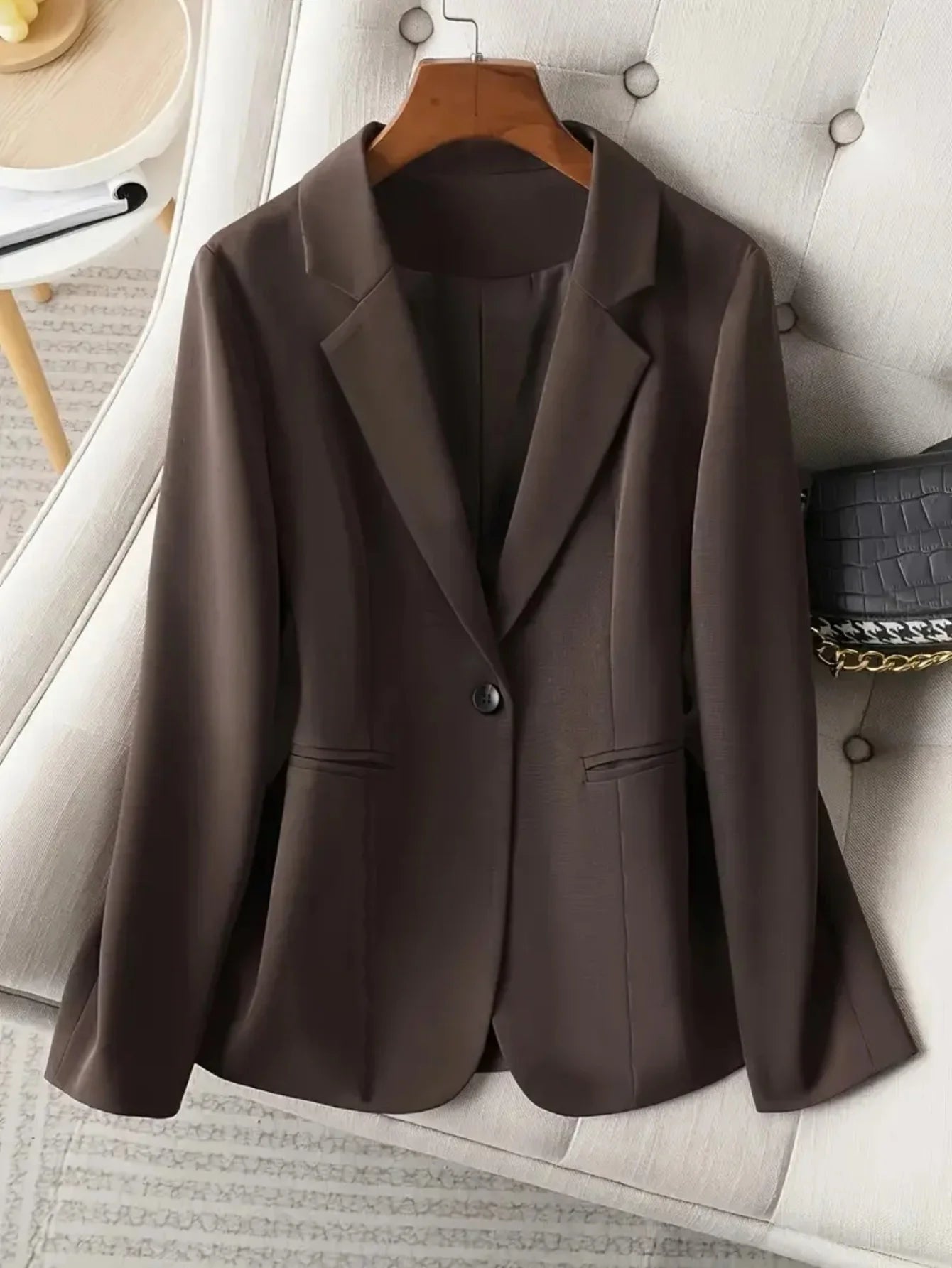 Women’s Chocolate Brown Tailored Blazer – Single-Button Notched Collar Jacket | Elegant Office & Casual Chic Outerwear