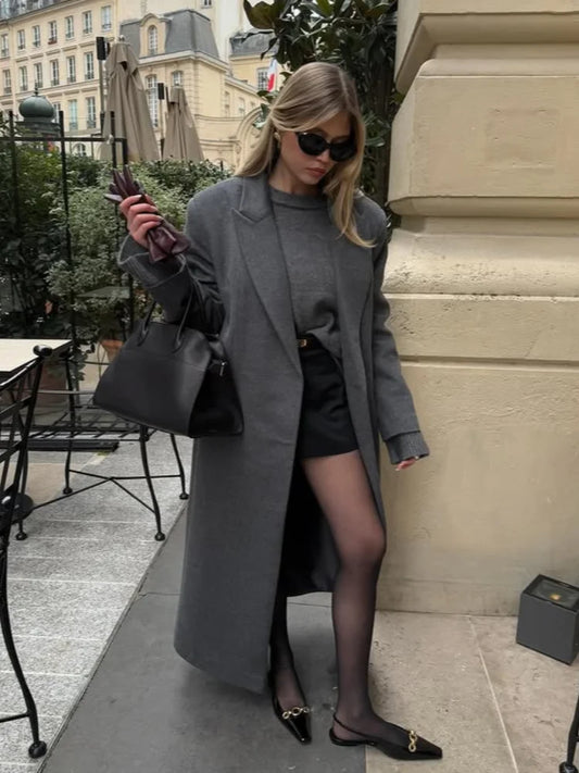 Classic Oversized Winter Coat/Women's Long Sleeved Coat/Turn-Down Collar/Adjusted Long Sleeved/Single Button Mid-length/Outerwear.
