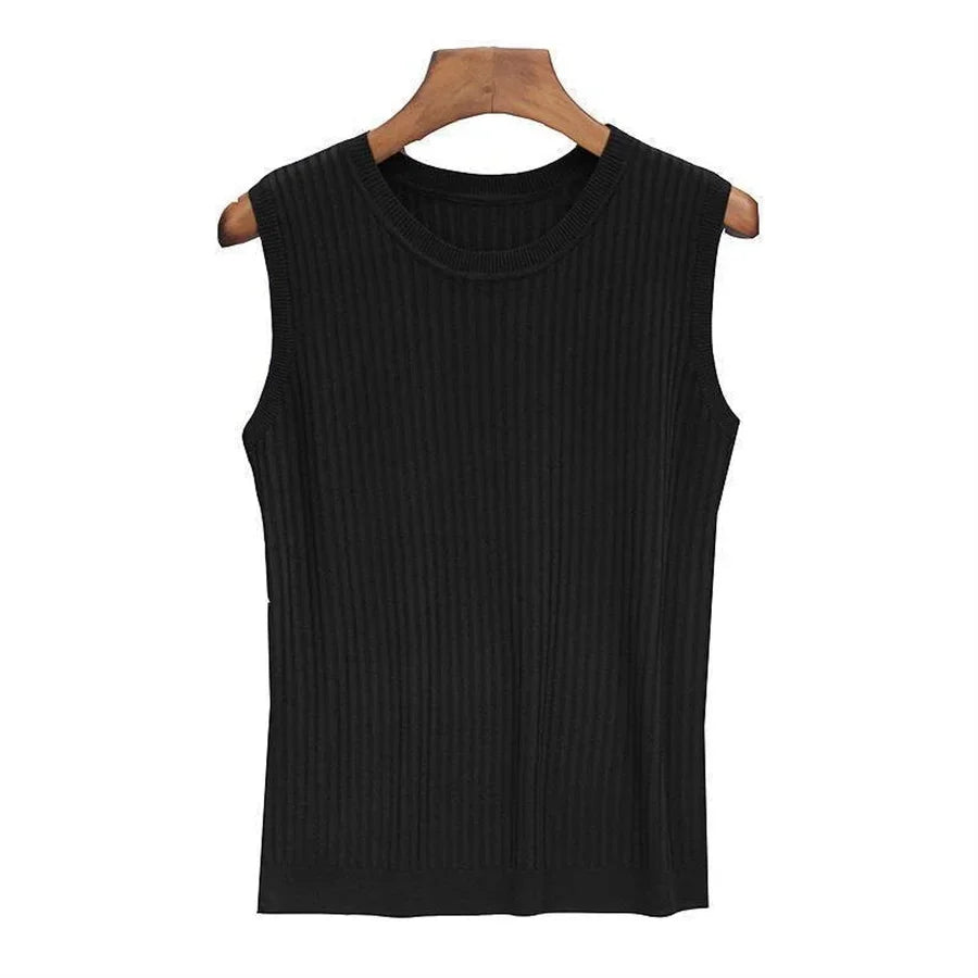 Solid Knitted Sleeveless Shirt/O-neck Blouse Shirt/Low Rise Tops.