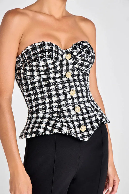 Luxury Tweed Corset Top for Women – Strapless Peplum Bustier with Gold Button Detail | Elegant Timeless Boutique Fashion