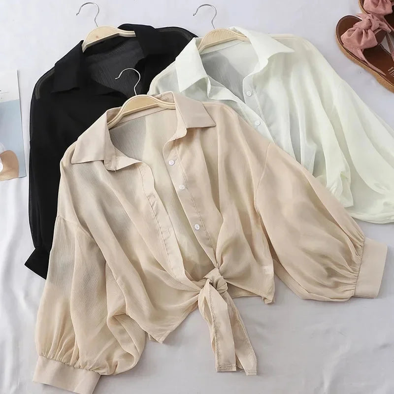 Chiffon Button Down Sleeves/Casual Loose Hollow White Clothes/Elegant Solid Color Tied Waist Blouse/Women Half Sleeve Button Chiffon Shirt.