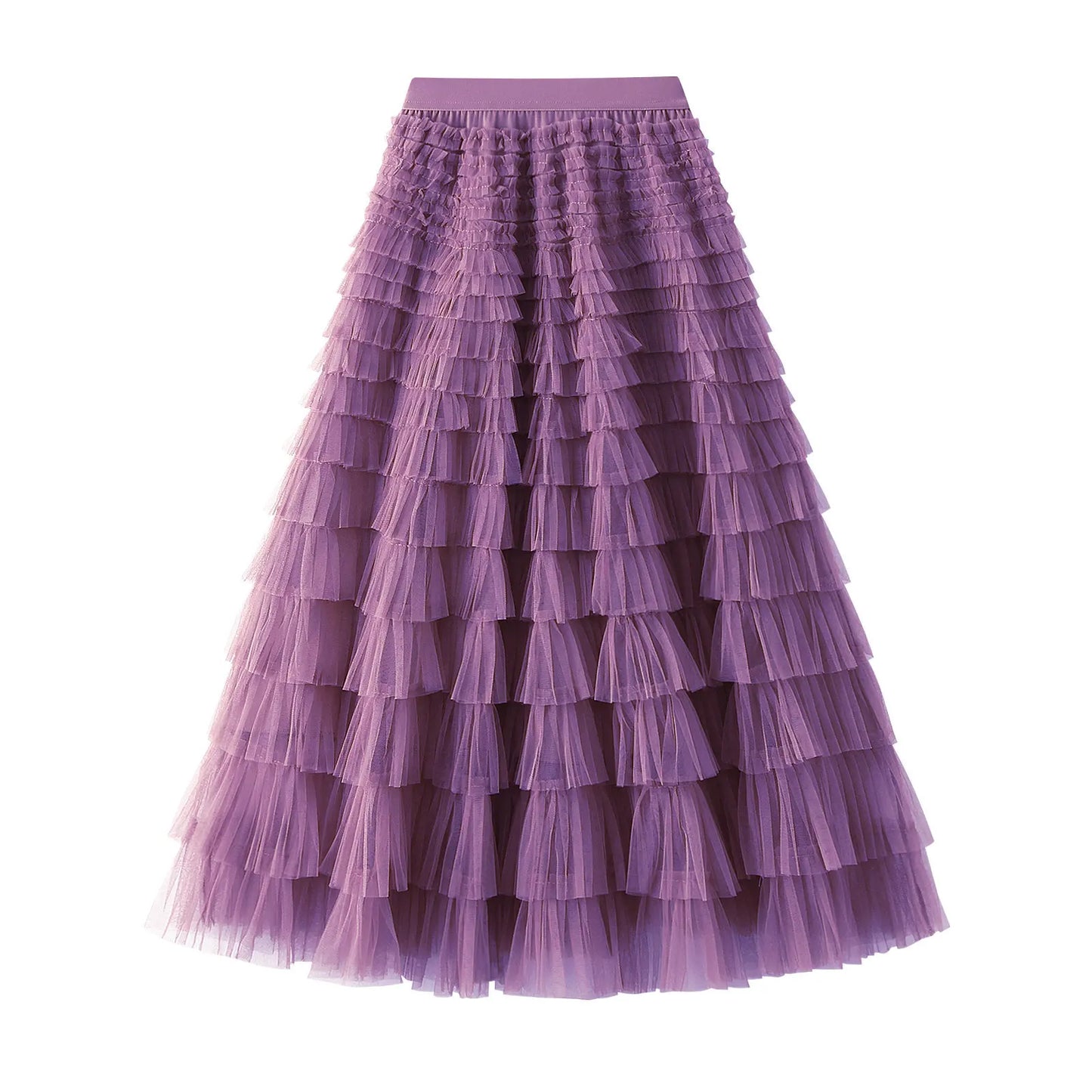 Elegant Layered Mesh Skirt For Women/High-Waisted Puff Skirt/Dropped A~Line/Appliqués Decorative Loose Fitted Skirt.