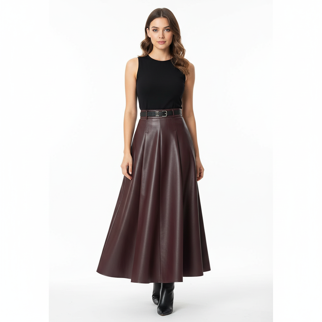 High Waist Vintage PU Leather Women's Umbrella Skirt’s/Belted 2025 New Pleated Autumn Loose A-line Long Skirts Female.