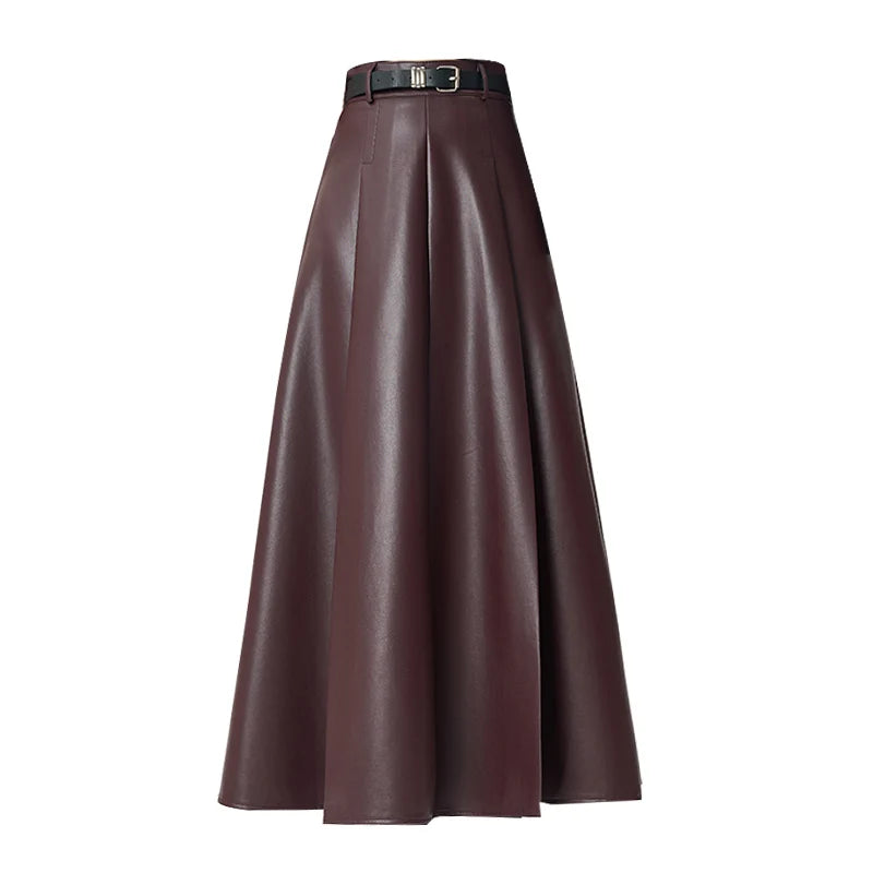 High Waist Vintage PU Leather Women's Umbrella Skirt’s/Belted 2025 New Pleated Autumn Loose A-line Long Skirts Female.