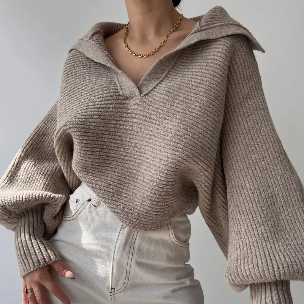 Stylish Cropped V~Neck Sweater/Turn Down Collar Loose Fitted Sweater/Full Sleeve Splice Pullovers Straight Thick Sweater.