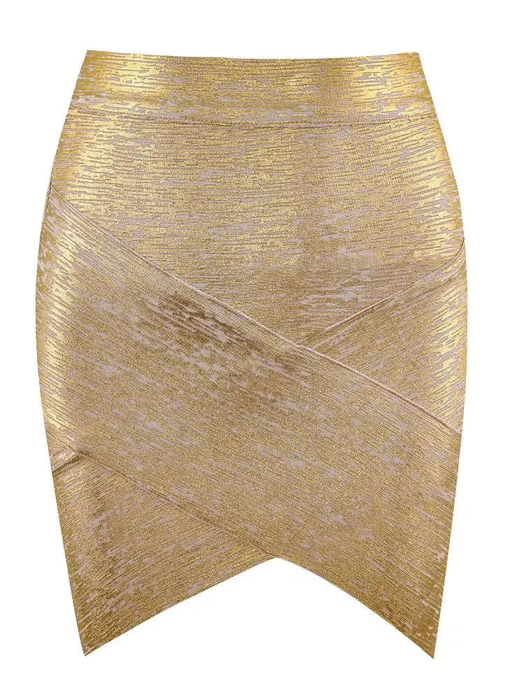 Gold Metallic High-Waist Bodycon Midi Skirt for Women – Stretch Fitted Pencil Skirt