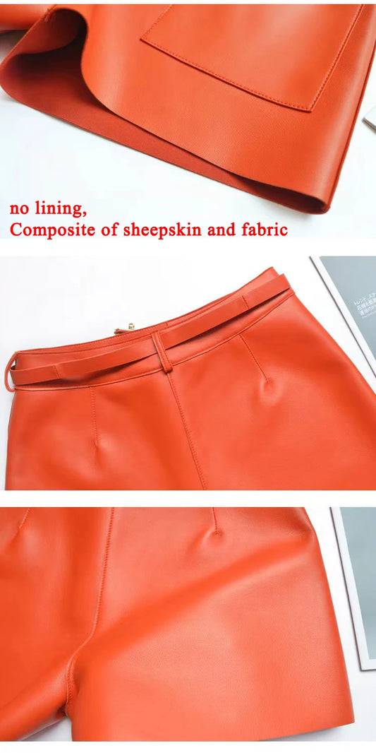 Real Sheepskin Leather Shorts for Women – 2026 New Arrival Casual Genuine Leather Shorts with White Belt, High-Quality Sheepskin, Versatile Summer & Street Style