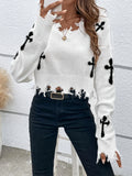 Cozy Cross Pattern Drop Shoulder Crop Sweater/V~Neck Sweater/Distressed Ripped Long Sleeved Sweater.