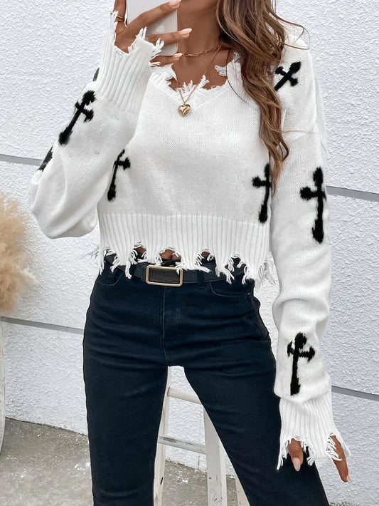 Cozy Cross Pattern Drop Shoulder Crop Sweater/V~Neck Sweater/Distressed Ripped Long Sleeved Sweater.