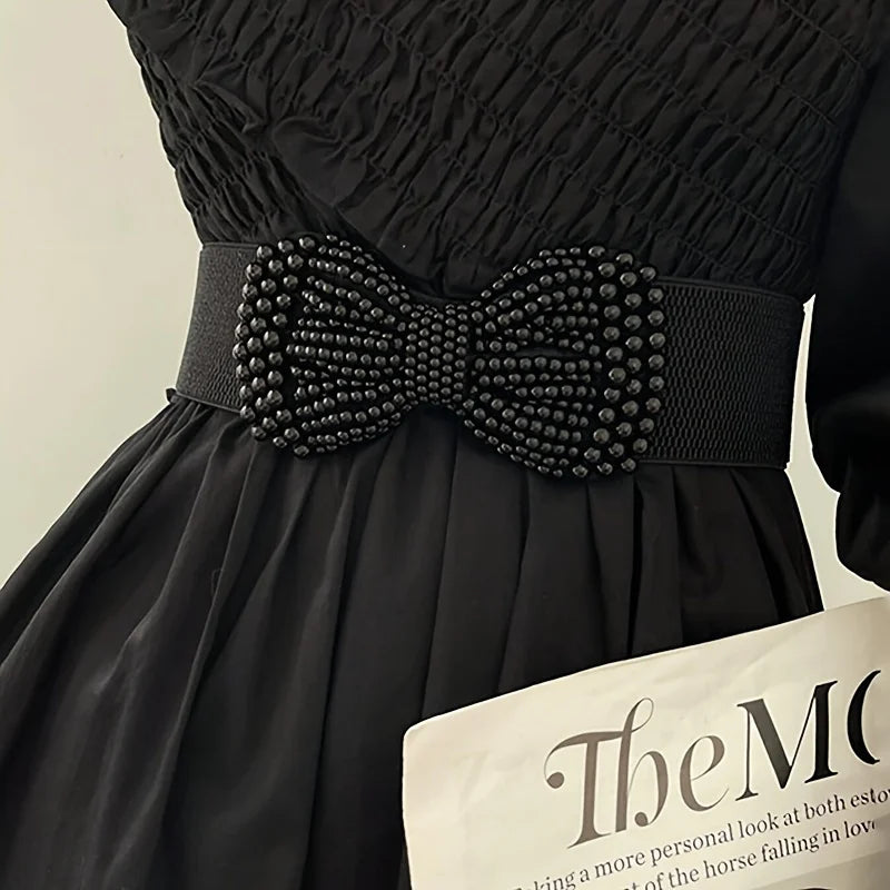 Refined Bowknot Elastic Belt/Elegant Women Wide Side Waistband/Female Dress Coat Clothing Exquisite Decoration Belt.