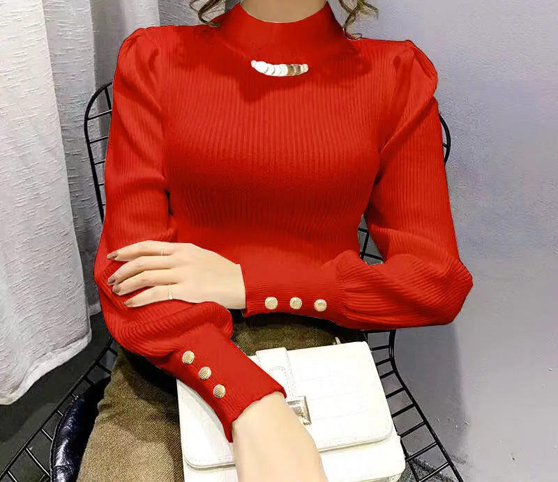 Elegant Solid Colored Button Sleeve Sweater’s/Women's Clothing/Autumn Winter Loose All-match Pullover’s.