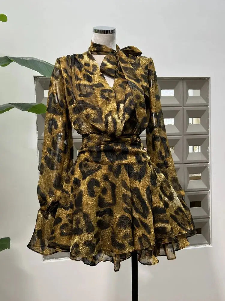 Hot Leopard Print Dress/Sexy V-neck/Long Sleeve Mini Dress/Evening Party Dress/Nightclub/Cocktail Gowns.