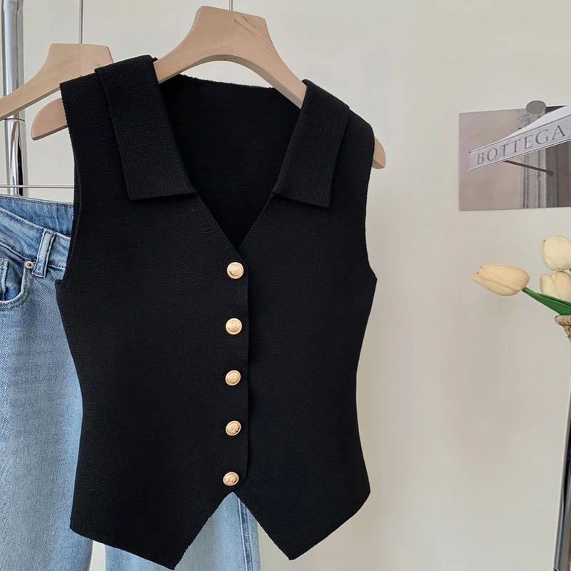 Chic Vests Elegant Waistcoat/V-neck Top’s/Casual/Outwear Sleeveless Slim/Knitted Vest All-match Streetwear.
