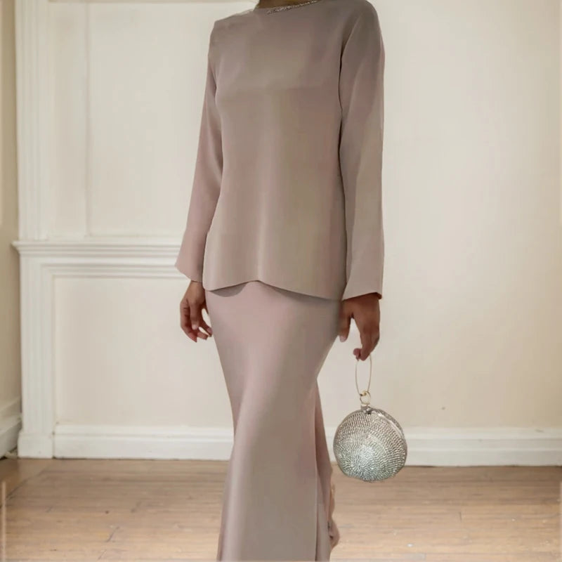 Modern Designed Floral Print Dress/Fashion Silk Beaded Loose Pencil/Maxi Skirt Suit Two Piece Set Simple Party Gown Dresses Set’s.