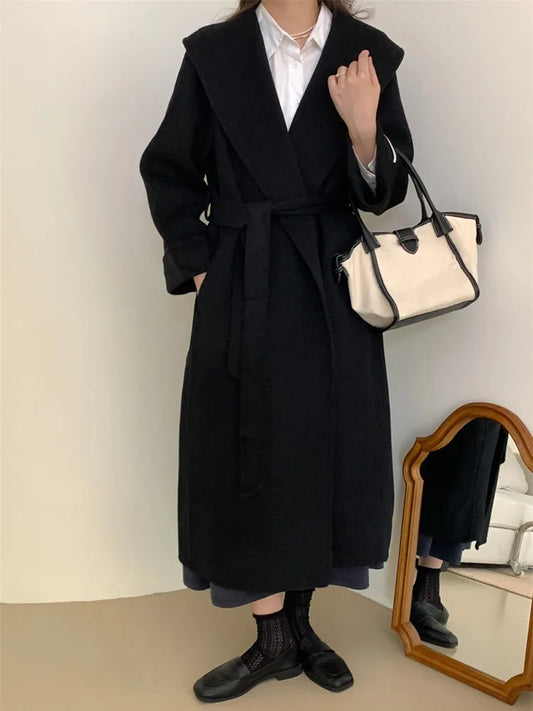 Smooth Double-Sided Woolen Coat/Elegant Commuter Long Belt/Slim Jacket Winter High Quality/Large Collar Loose Wool Coat’s.