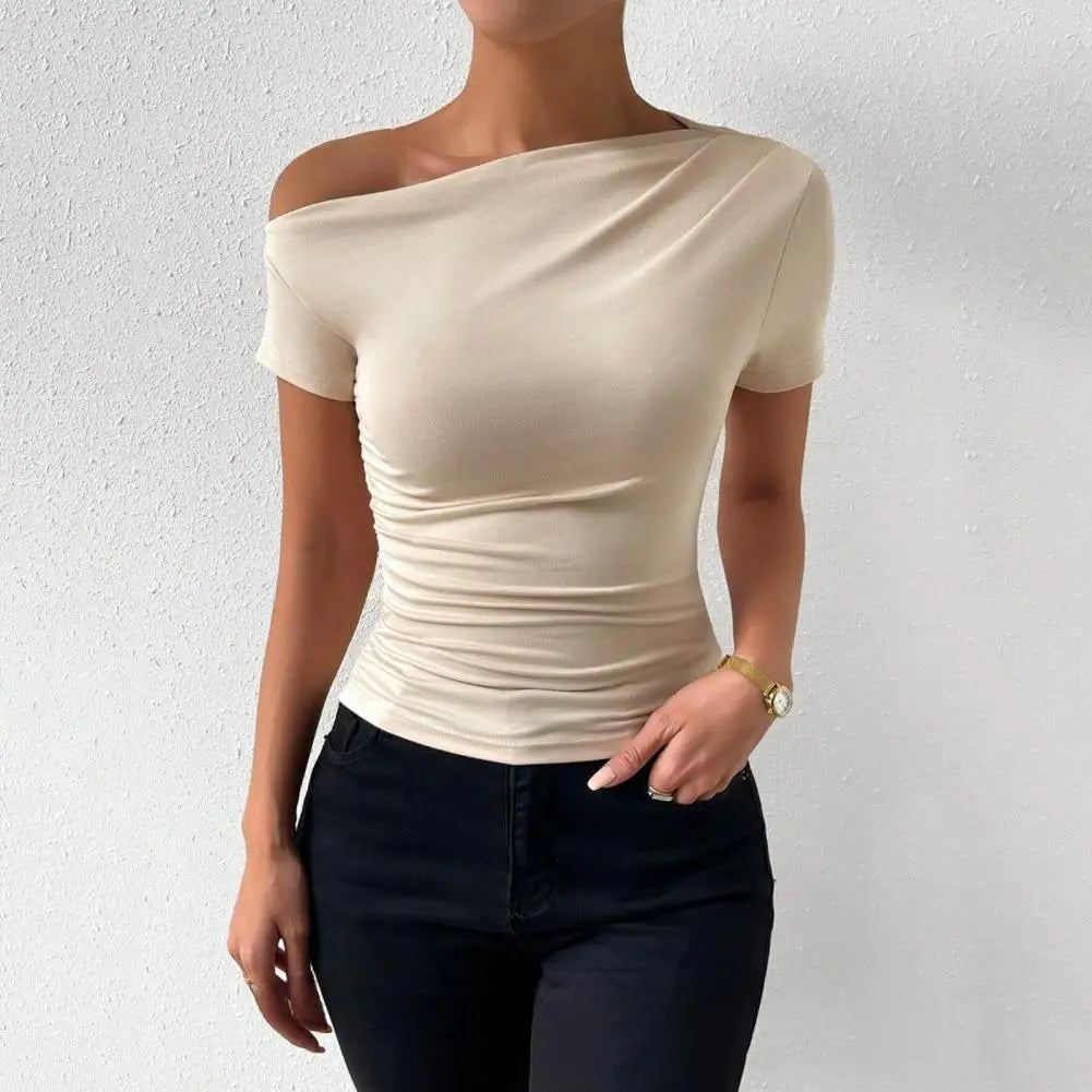 Elegant Women Skew Collar Short Sleeve Blouse/Slim Shirt Solid Color Side Shirring Blouse Shirt Top.