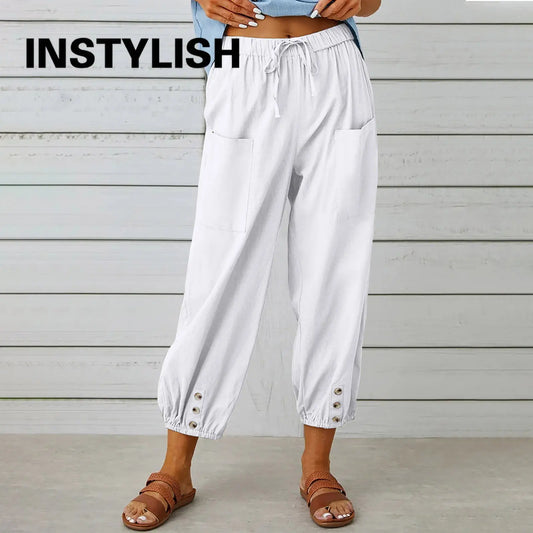 Comfy Carpi Harajuku Pants/Loose Cotton Linen/Solid Color Elastic Waist Loose Straight Trousers/Waist Wide Leg Pants.