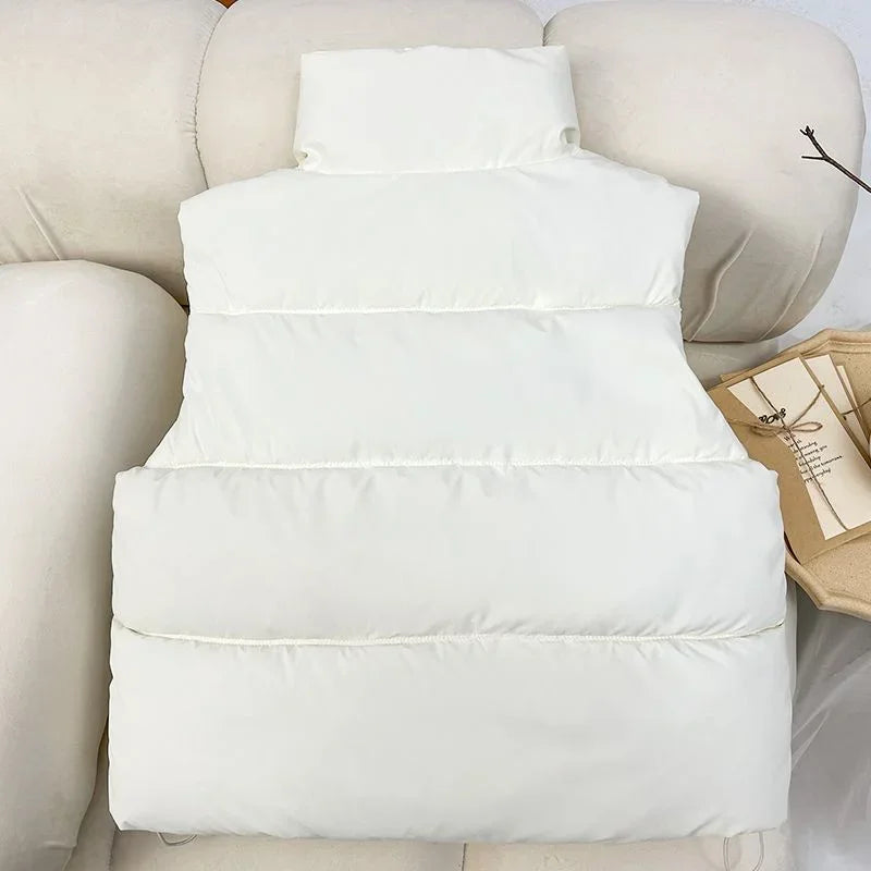 New Autumn Casual Loose Down Cotton Vests Women Stand Collar Short Sleeveless Coats Solid Zipper Waistcoat Winter Warm Vest