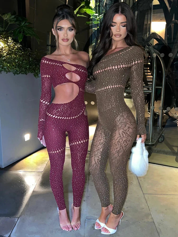 Shiny Off Shoulder Sexy Mesh/Long Sleeved Jumpsuit’s/Sibybo Women Fashion Rhinestones/High Stretch Hollow Out Sexy Overalls Sparkly Party Rompers.