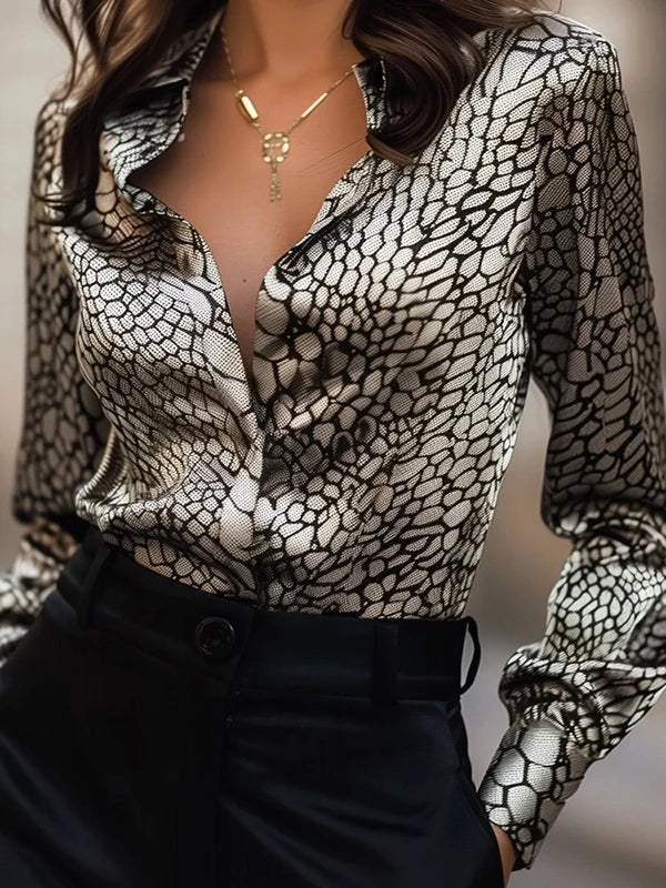 Polished Turn Down Collar Blouse/Long Sleeved Lapel Snakeskin Printed Business Casual Tops.