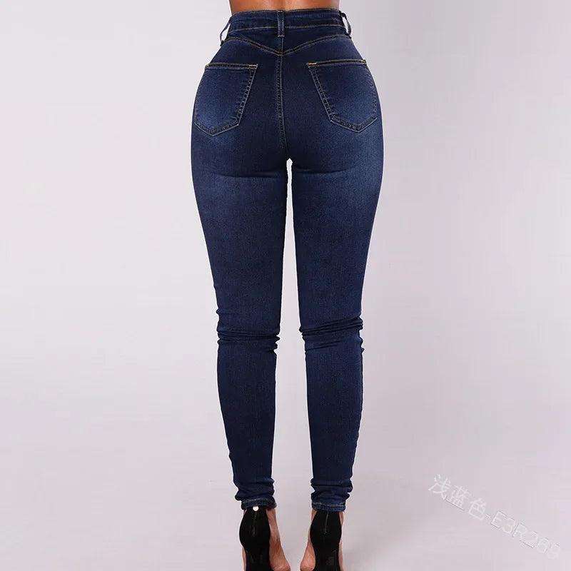 Luxury High-Waist Button Fly Skinny Jeans – Stretch Denim Body-Shaping Slim Fit Pants for Women (Blue & Black)