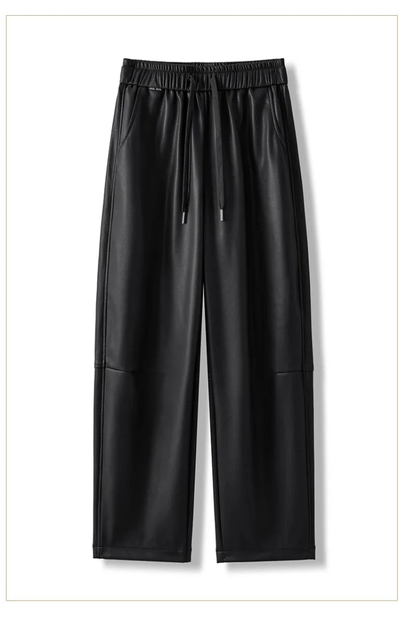 Luxury PU Leather Jogger Pants for Women – High-Waist Elastic Drawstring Wide-Leg Trousers – Comfy Chic Vegan Leather Athleisure Pants