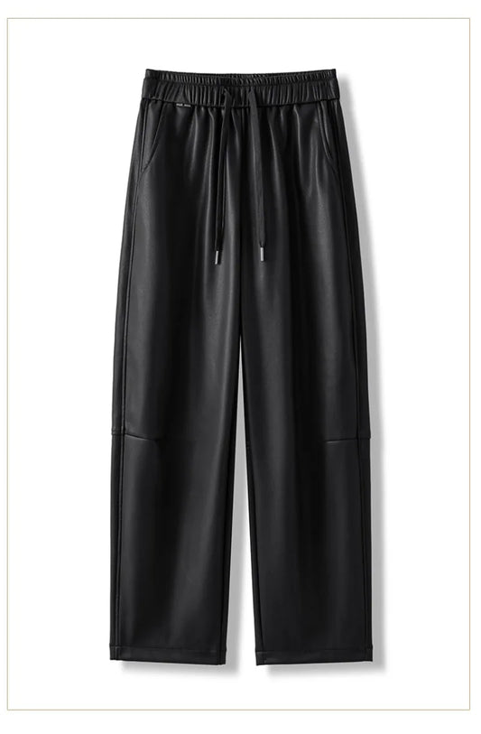 Luxury PU Leather Jogger Pants for Women – High-Waist Elastic Drawstring Wide-Leg Trousers – Comfy Chic Vegan Leather Athleisure Pants