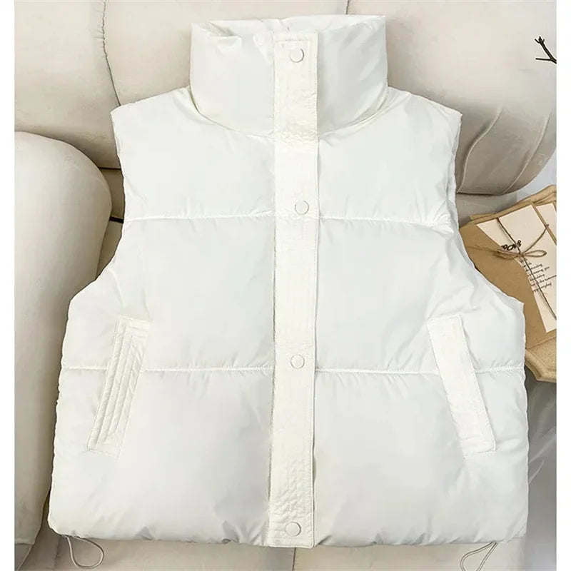 New Autumn Casual Loose Down Cotton Vests Women Stand Collar Short Sleeveless Coats Solid Zipper Waistcoat Winter Warm Vest