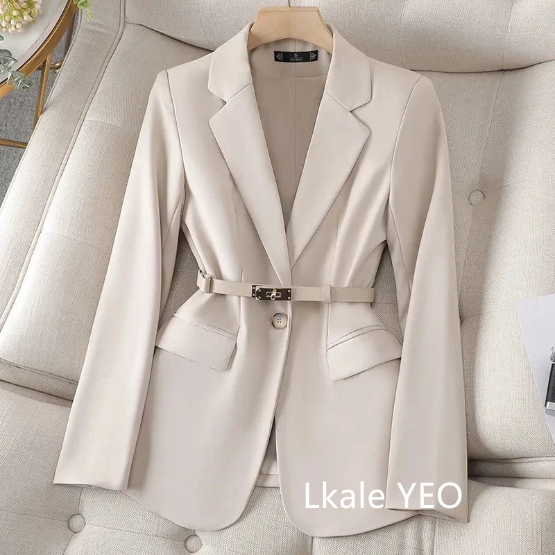 Women’s Tailored Belted Blazer – Single-Breasted Notched Lapel, Structured Shoulder, Regular-Length Suit Jacket, Elegant Business Casual Outerwear