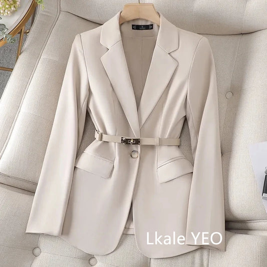 Women’s Tailored Belted Blazer – Single-Breasted Notched Lapel, Structured Shoulder, Regular-Length Suit Jacket, Elegant Business Casual Outerwear