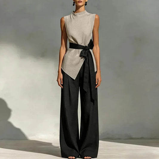 Elegant Sleeveless Tie Top & Wide-Leg Pants Two-Piece Set – Slim Fit Luxury Lounge Ensemble