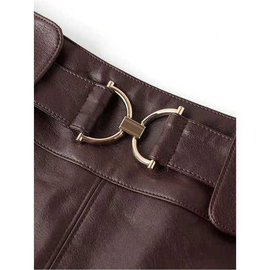 Women’s Belted Faux Leather A-Line Mini Skirt
