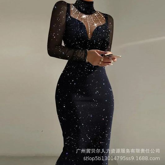 Appealing hot Lace Splicing Long-sleeved Slim Long Dress High Waist.