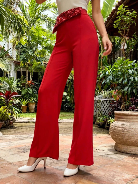 Burgundy High Waist Wide Leg Pants with Sequin Waistband | Elegant Dressy Women’s Trousers