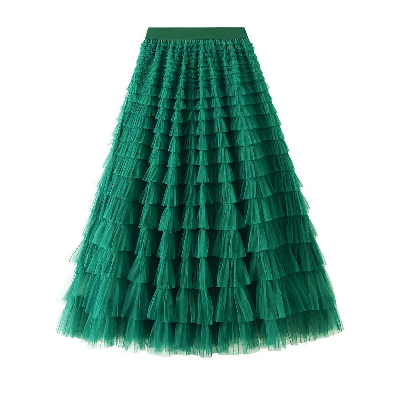 Elegant Layered Mesh Skirt For Women/High-Waisted Puff Skirt/Dropped A~Line/Appliqués Decorative Loose Fitted Skirt.