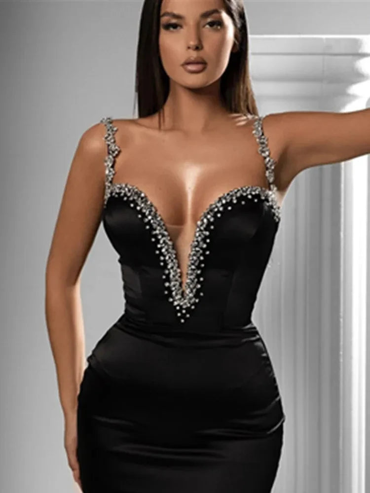 Modern V Neck Beading Diamond Dress/Beaded V‑Neck Mini Dress –cocktail dress/Black Mini Bodycon Bandage Dress.