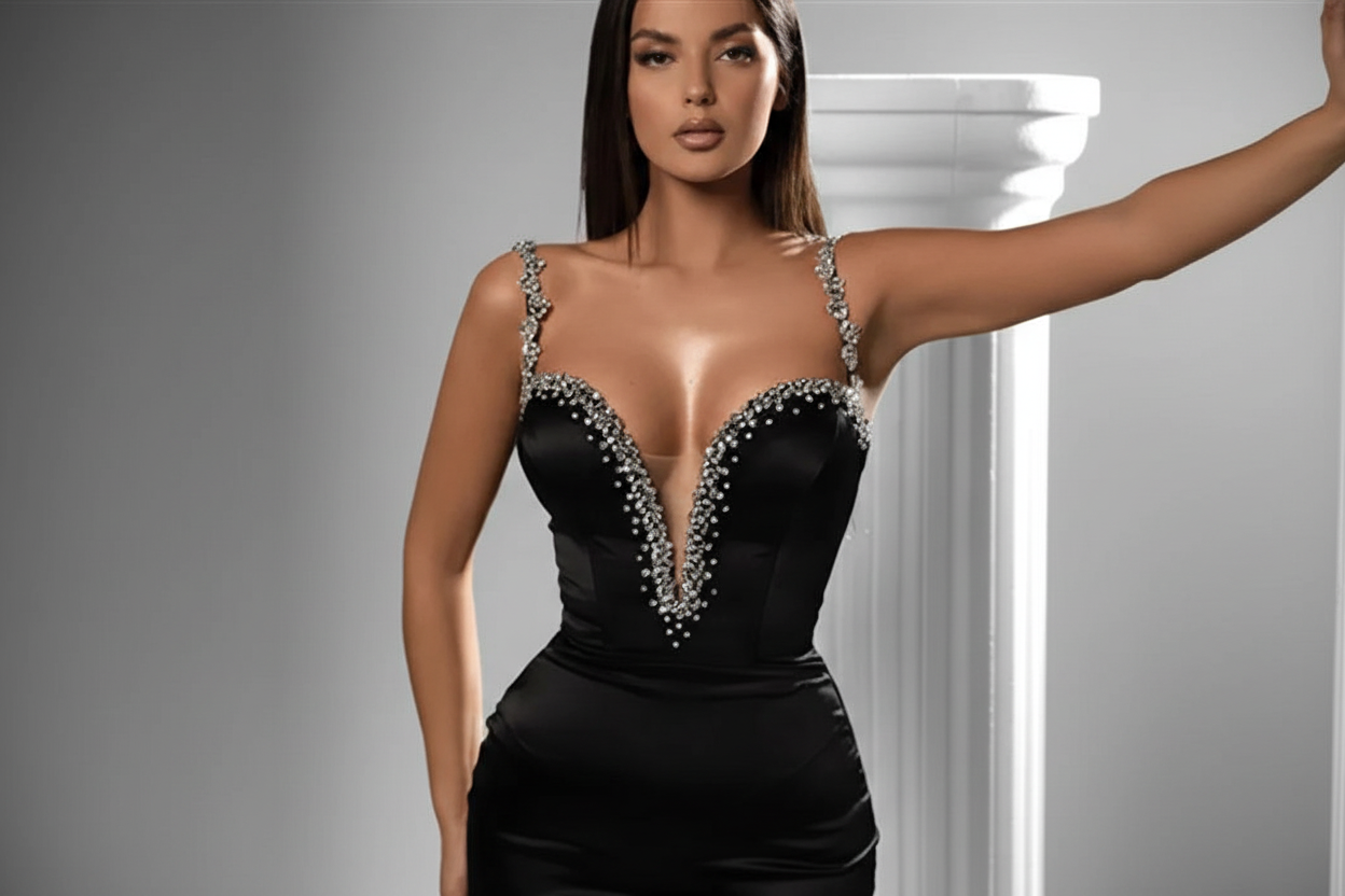 Modern V Neck Beading Diamond Dress/Beaded V‑Neck Mini Dress –cocktail dress/Black Mini Bodycon Bandage Dress.