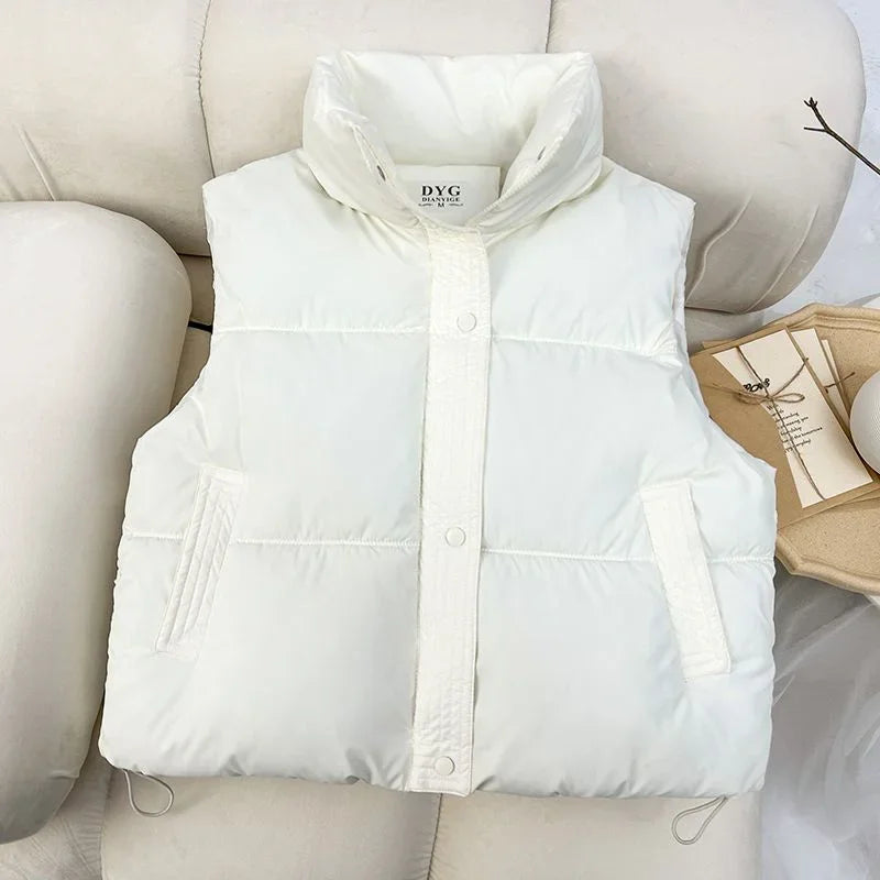 New Autumn Casual Loose Down Cotton Vests Women Stand Collar Short Sleeveless Coats Solid Zipper Waistcoat Winter Warm Vest