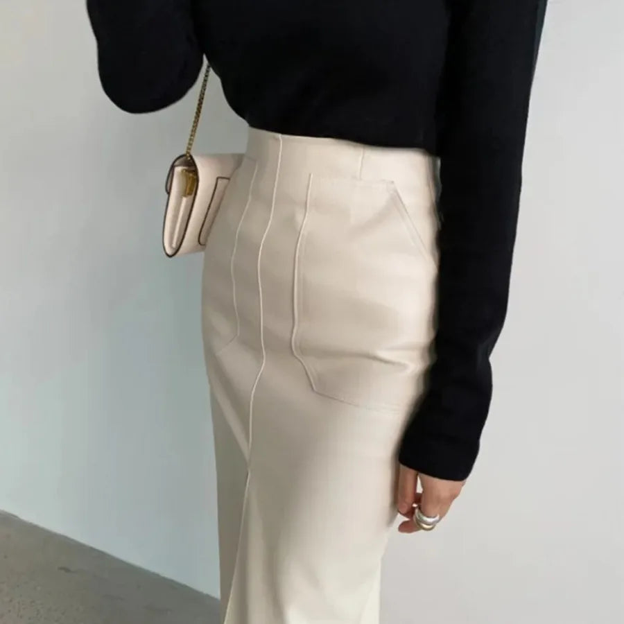 Modern Blend Boutique Women’s High-Waisted Faux Leather Midi Pencil Skirt – Elegant Front Slit, Slim Fit PU Leather Skirt, Timeless Chic Office & Evening Wear