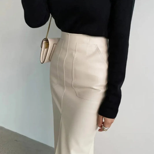 Modern Blend Boutique Women’s High-Waisted Faux Leather Midi Pencil Skirt – Elegant Front Slit, Slim Fit PU Leather Skirt, Timeless Chic Office & Evening Wear