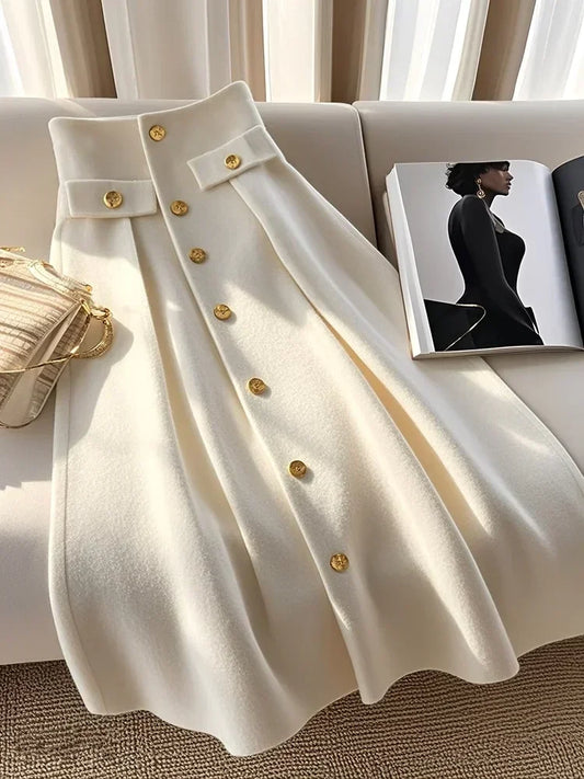 Elegant High Waist Sliming A-line Skirt/Women Autumn/Winter High Waist Vintage Skirts.Mid Calf In Length/Solid.