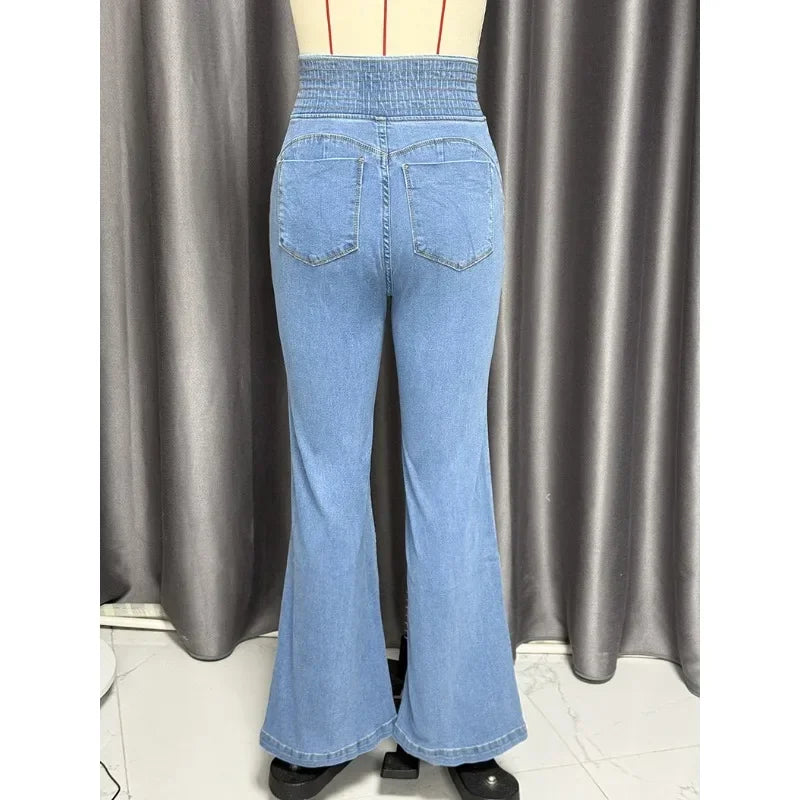 Hot Look Elasticated High-Rise Jean’s/Stretch Fit/Slim Flared Pants/Hip Lift Jeans/Black Patchwork/Medium Stretch Women's Trousers Streetwear.