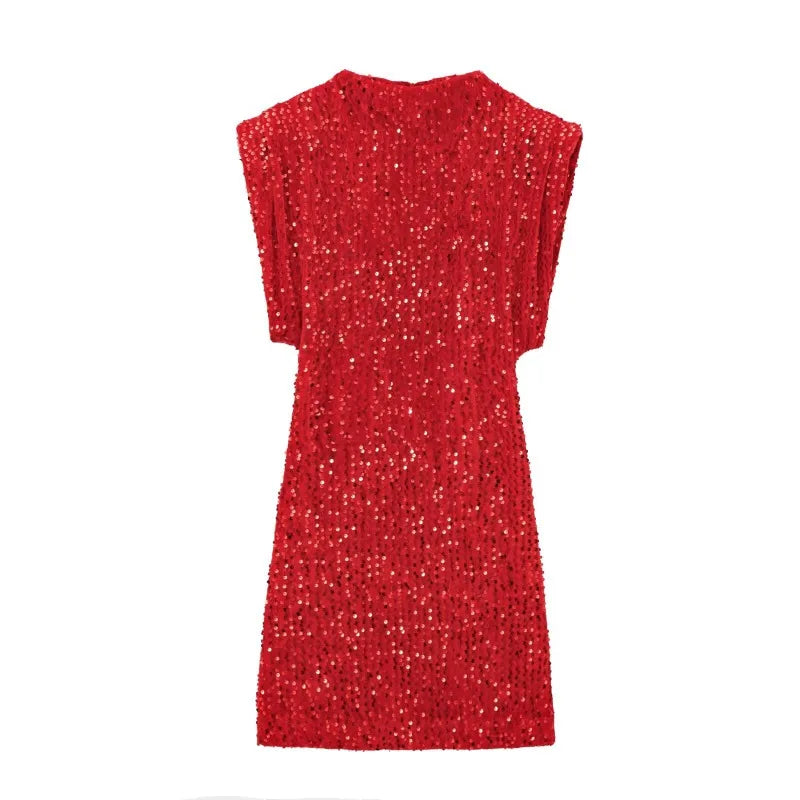 Night Out Sequined Party Dress/Sleeveless Pad Bead Mini Dress/Wide Shoulder Pullover Dress.