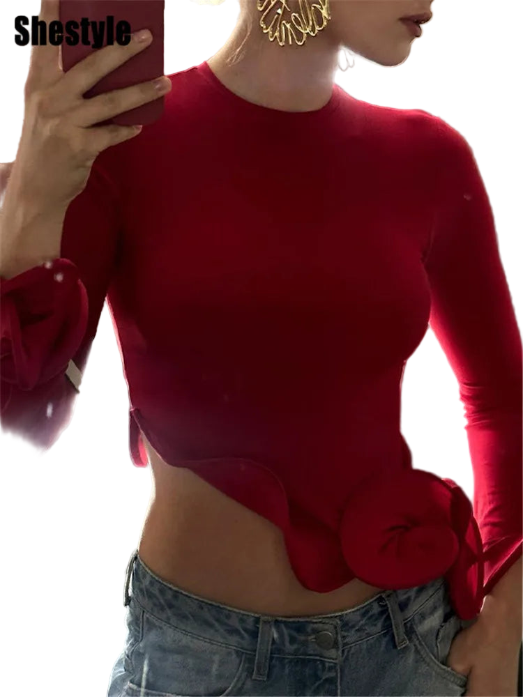 Blossom Curled Asymmetrical Ruffled Red Blouse/Iron Shaped Crew Neck/Glowing Flare Sleeve Cropped Top.