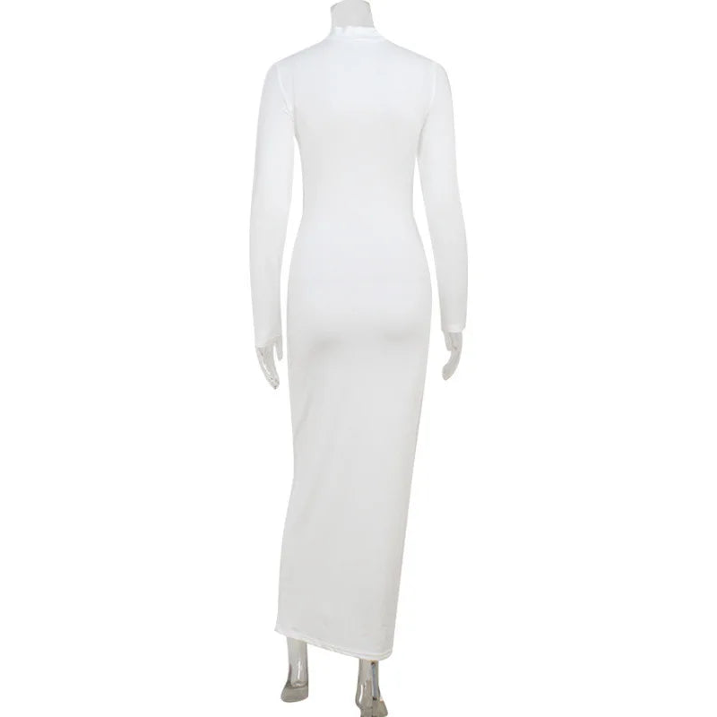 Elegant Cut-Out White Bodycon Maxi Dress – Long Sleeve High Neck Evening Dress for Women