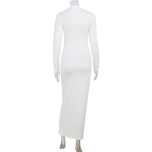 Elegant Cut-Out White Bodycon Maxi Dress – Long Sleeve High Neck Evening Dress for Women