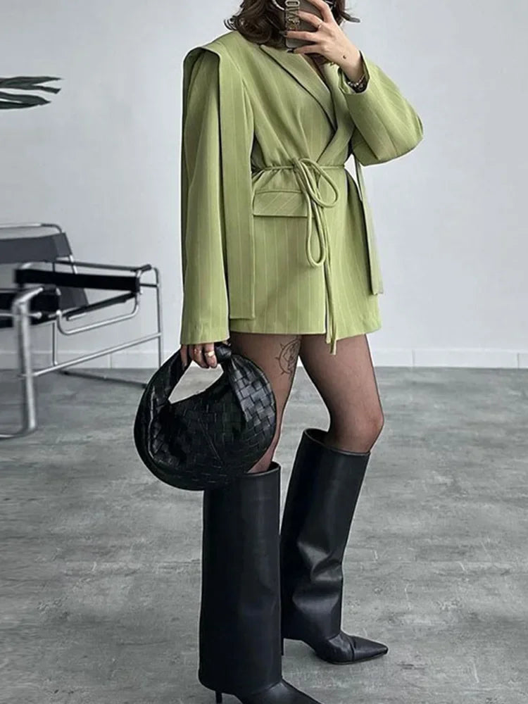 DFCF Women Elegant Loose Waist Cinching Belt Jackets Female Tailored Vintage Striped Lapel Suit Jacket