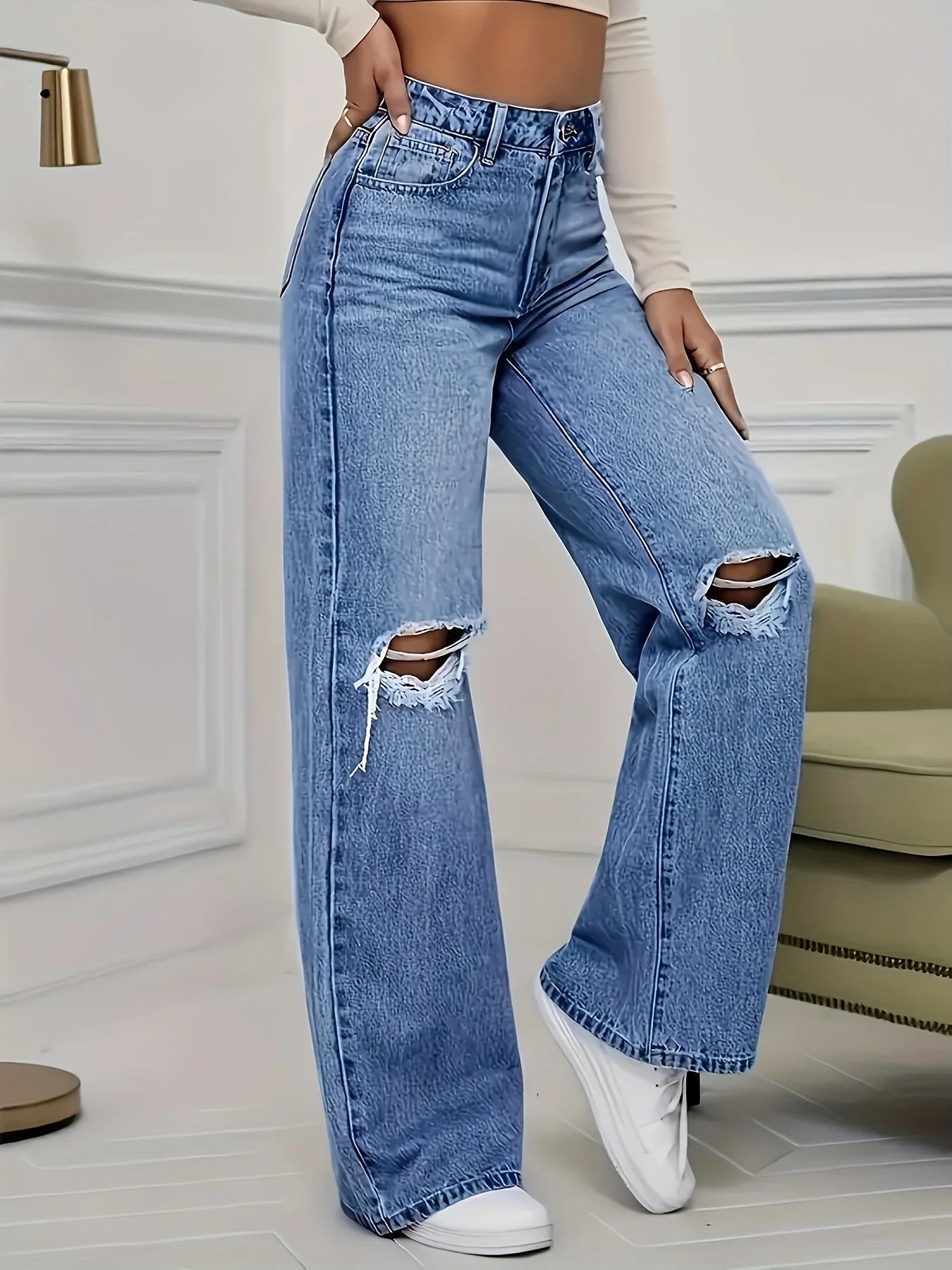 Loose Fitted High-Waist Denim/Straight Leg Jeans/Style Up Ripped Details/Casual wear/Fashionable Ankle Length Pants/Outdoor wear.