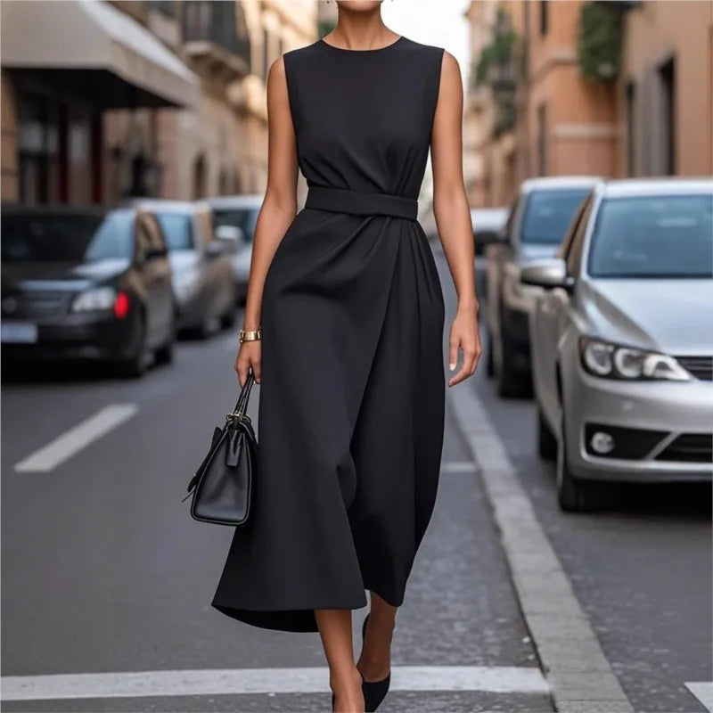 Solid Fashioned Sleeveless Dress/Elegant Round Neck Lace-up/Solid Color Look/Casual Spaghetti Strap Dress.